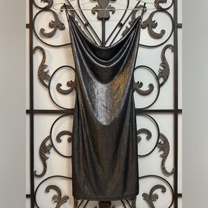 Shimmering Black Silver Slip Bodycon Stretch Party Dress with Low Back and Drape